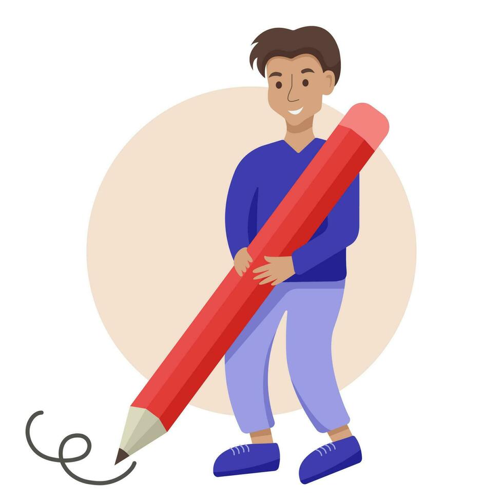 Flat cartoon character student boy standing and writing with a big large pencil. Education concept. Vector illustration isolated on white background