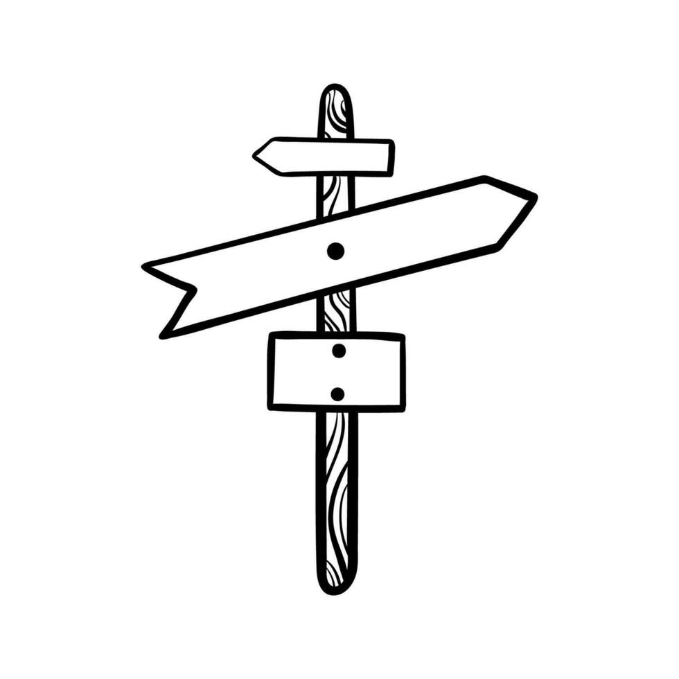Wooden direction indicator with arrow. Equipment installed in the forest to help tourists. Vector hand drawn illustrations in doodle style.