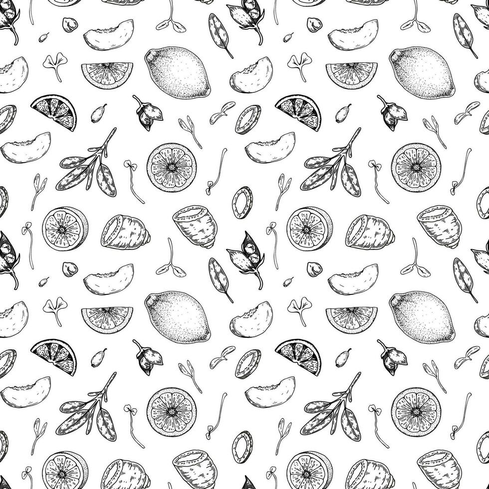 Food seamless pattern. Vector illustration in sketch style. Vintage background for restaurant menu and decoration