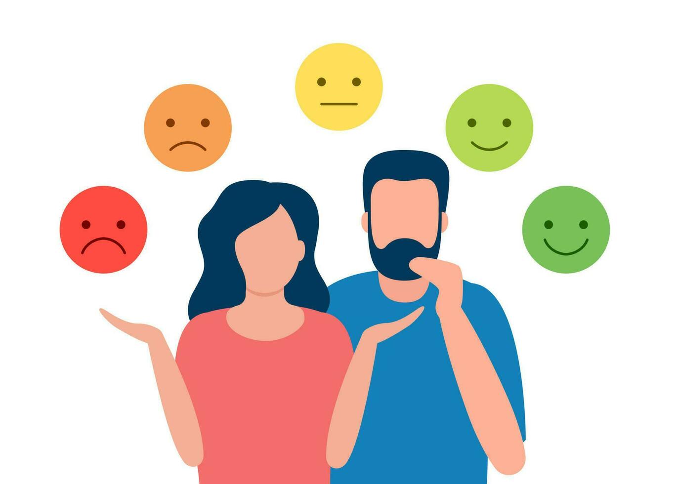 Understanding and control of emotion in couple family, crisis in relationship. Man and woman change emotions, fake face. Pair play role, choice emotion, control reaction. Vector