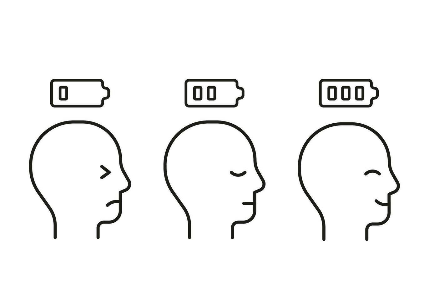 Set level energy person with battery from low tired in full happy, line icon. People with low charge and lack battery energy and human strong power sign with high energy. Burnout, stress. Vector