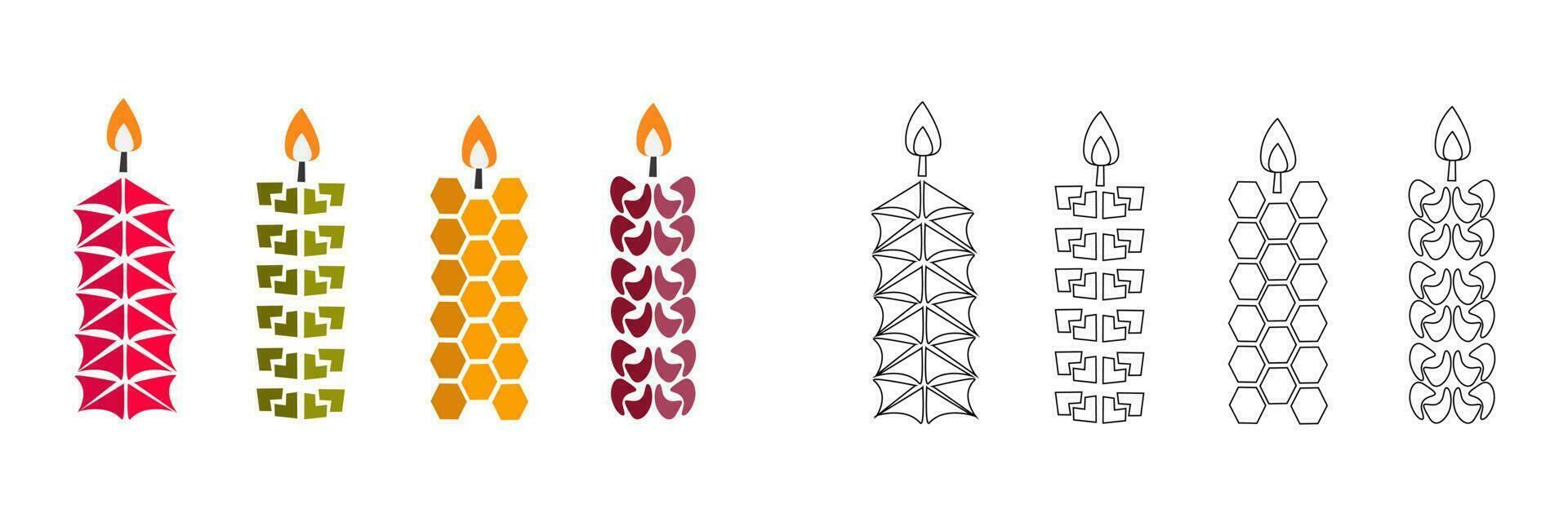 vector illustration coloring book - set of colored stylized candles. An outline black and white drawing and a color version for an example