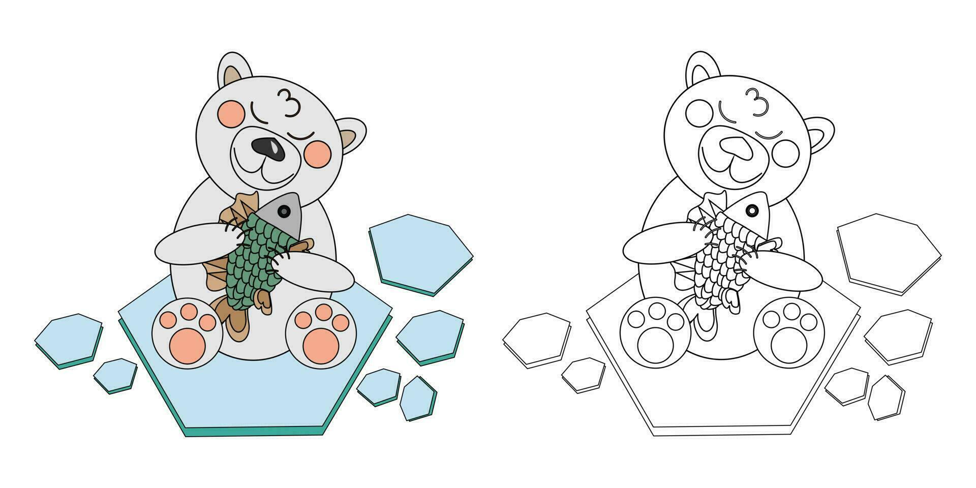 Vector illustration coloring book a polar bear cub with a fish on an ice floe. An outline black and white drawing and a color version for an example