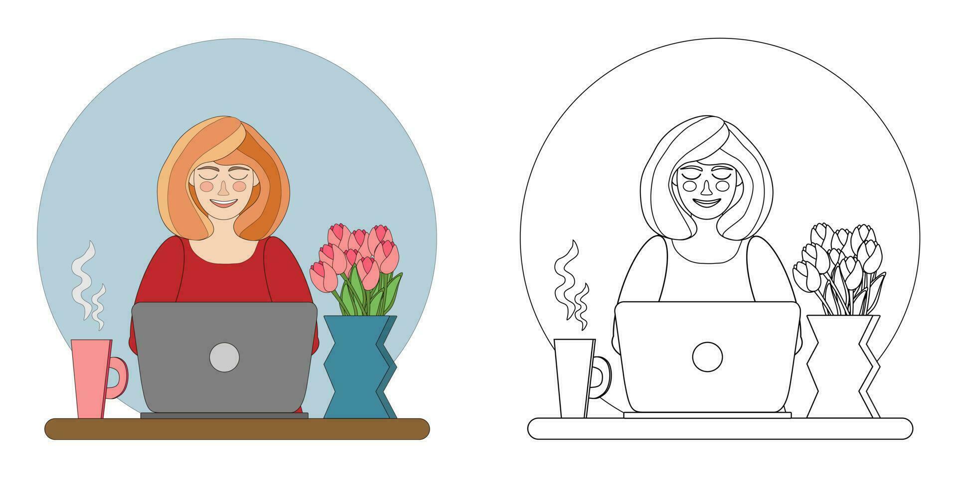 vector ilustración colorante libro un joven mujer trabajando en un ordenador portátil a un mesa con flores y un taza de té. un contorno negro y blanco dibujo y un color versión para un ejemplo