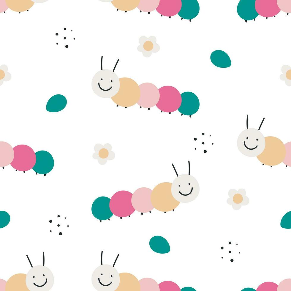 Seamless pattern with cute caterpillar and flowers. For card, posters, banners, books, printing on the pack, clothes, fabric, wallpaper, textile or dishes. vector