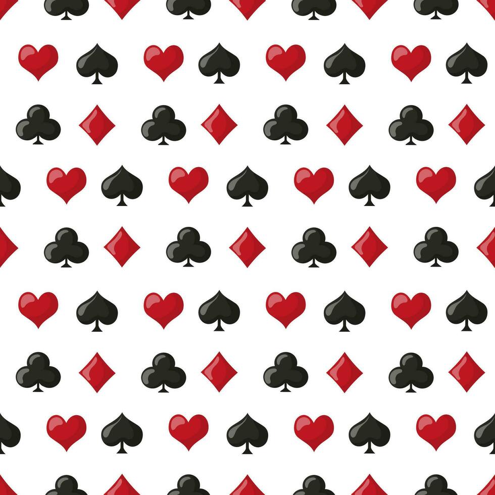 sin costura patrón, jugando símbolos de corazones, espadas, diamantes, clubs en un blanco antecedentes. casino fondo, vector