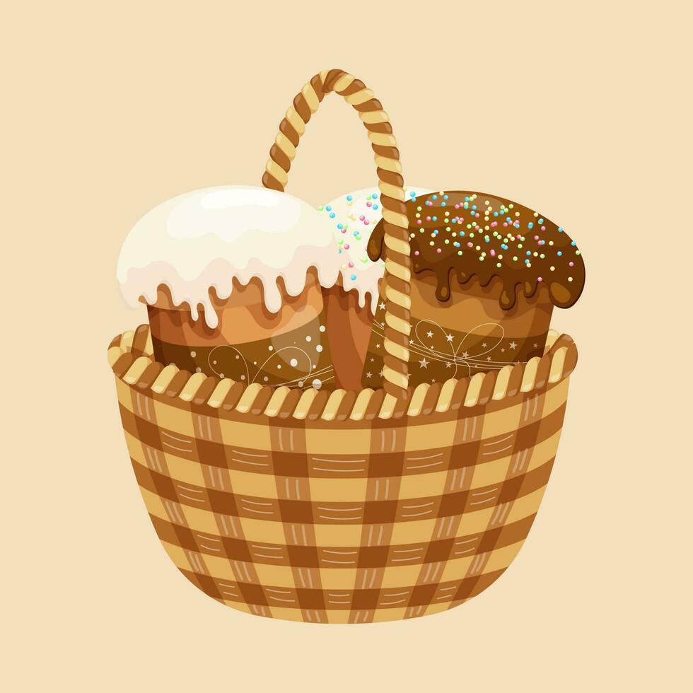 Wicker basket with Easter cakes. Colorful easter illustration, greeting card, vector