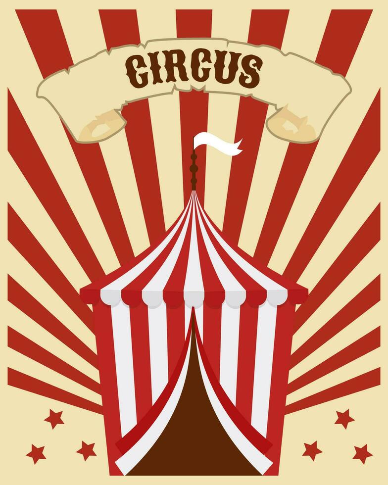 vistoso circo póster, grande parte superior en un a rayas arco iris antecedentes con estrellas. vistoso ilustración, bandera, volantes, vector