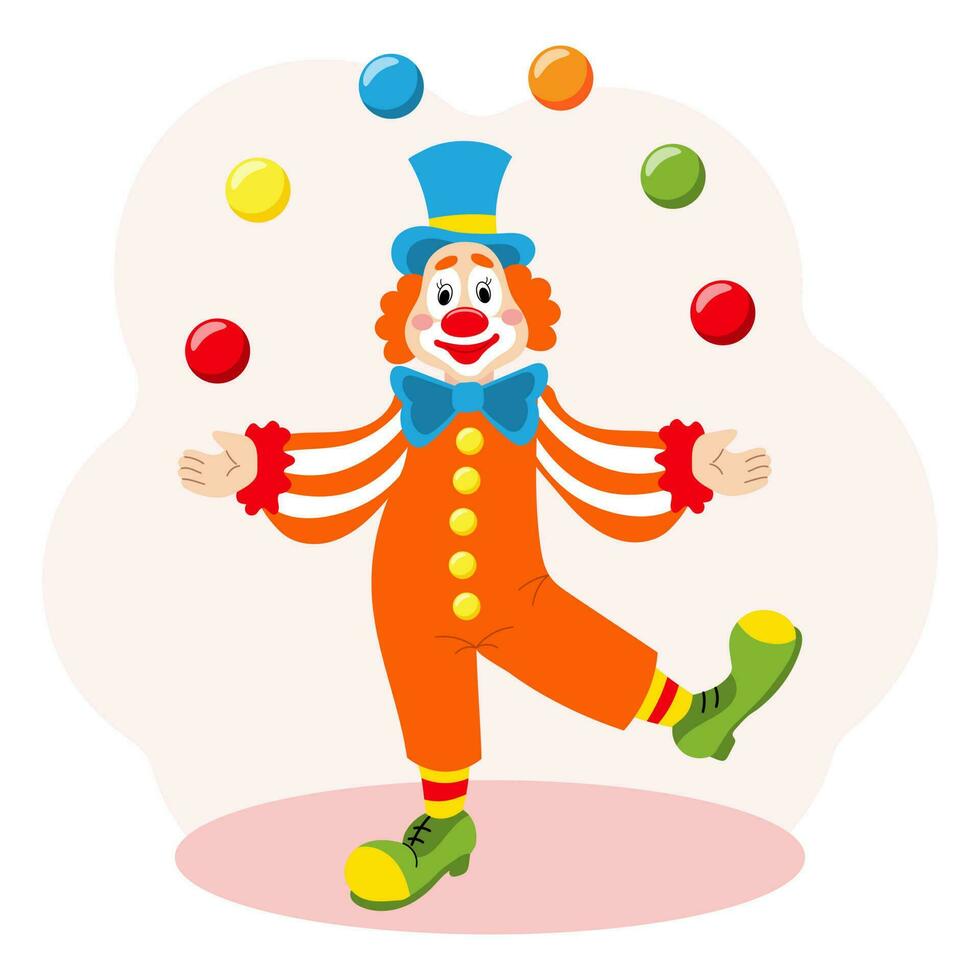 Cute funny cartoon clown juggler with balls. Children's card, print, colorful illustration, vector