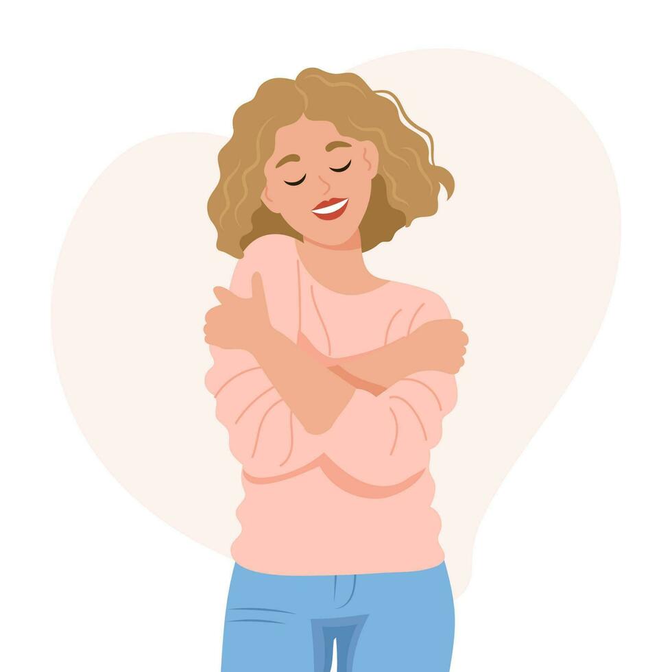 amor tú mismo. bonito joven mujer abrazando sí misma. amor tu cuerpo concepto. plano estilo ilustración, vector