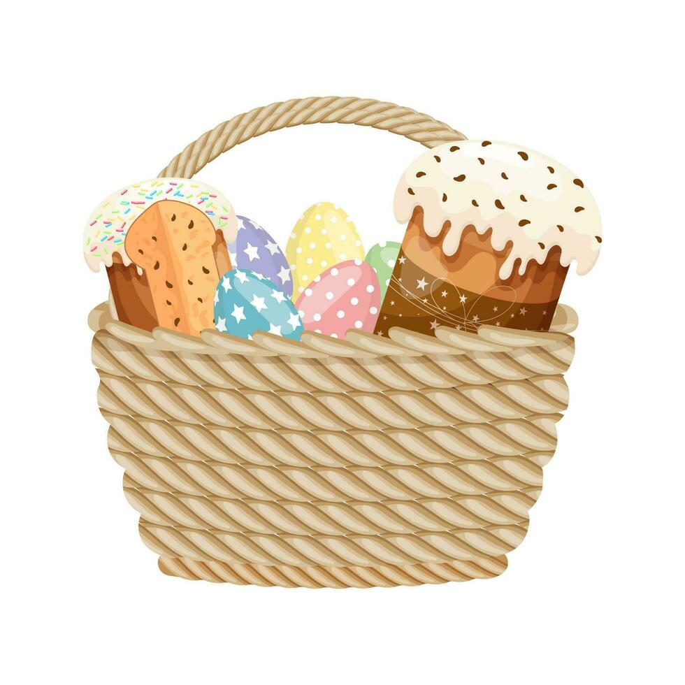 Wicker basket with Easter cakes and Easter eggs. Colorful easter illustration, greeting card, vector