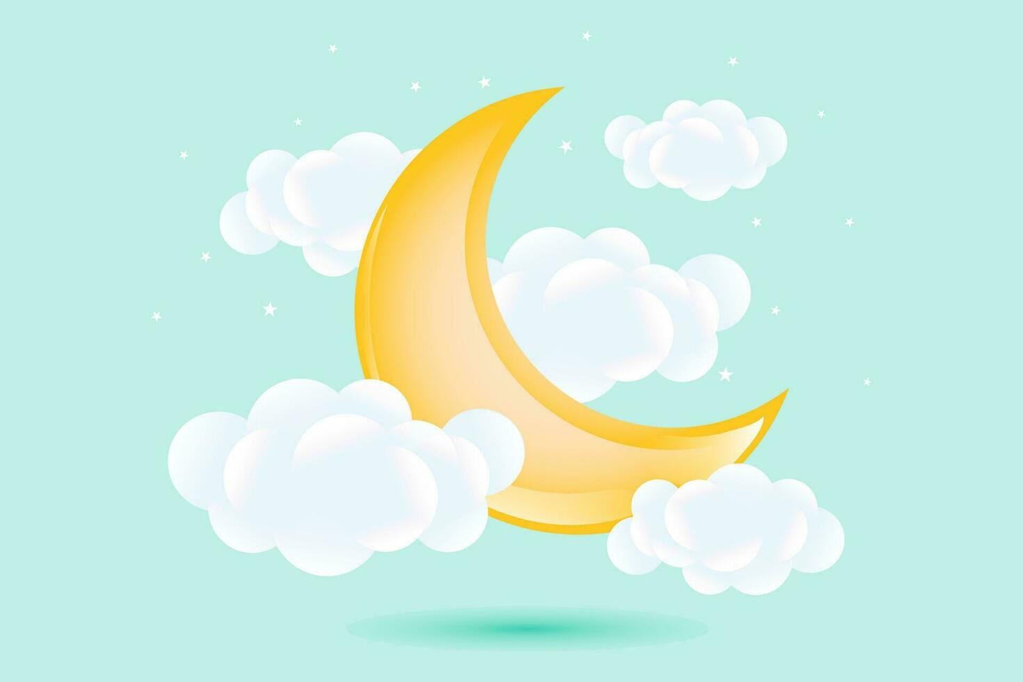 3d baby shower, waxing moon with clouds on a soft green background, childish design in pastel colors. Background, illustration, vector