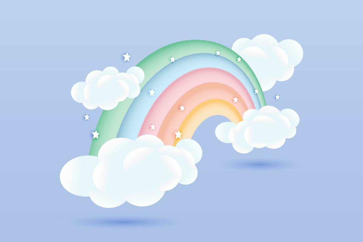 3d baby shower, rainbow with clouds and stars on a pale blue background, childish design in pastel colors. Background, illustration, vector. vector