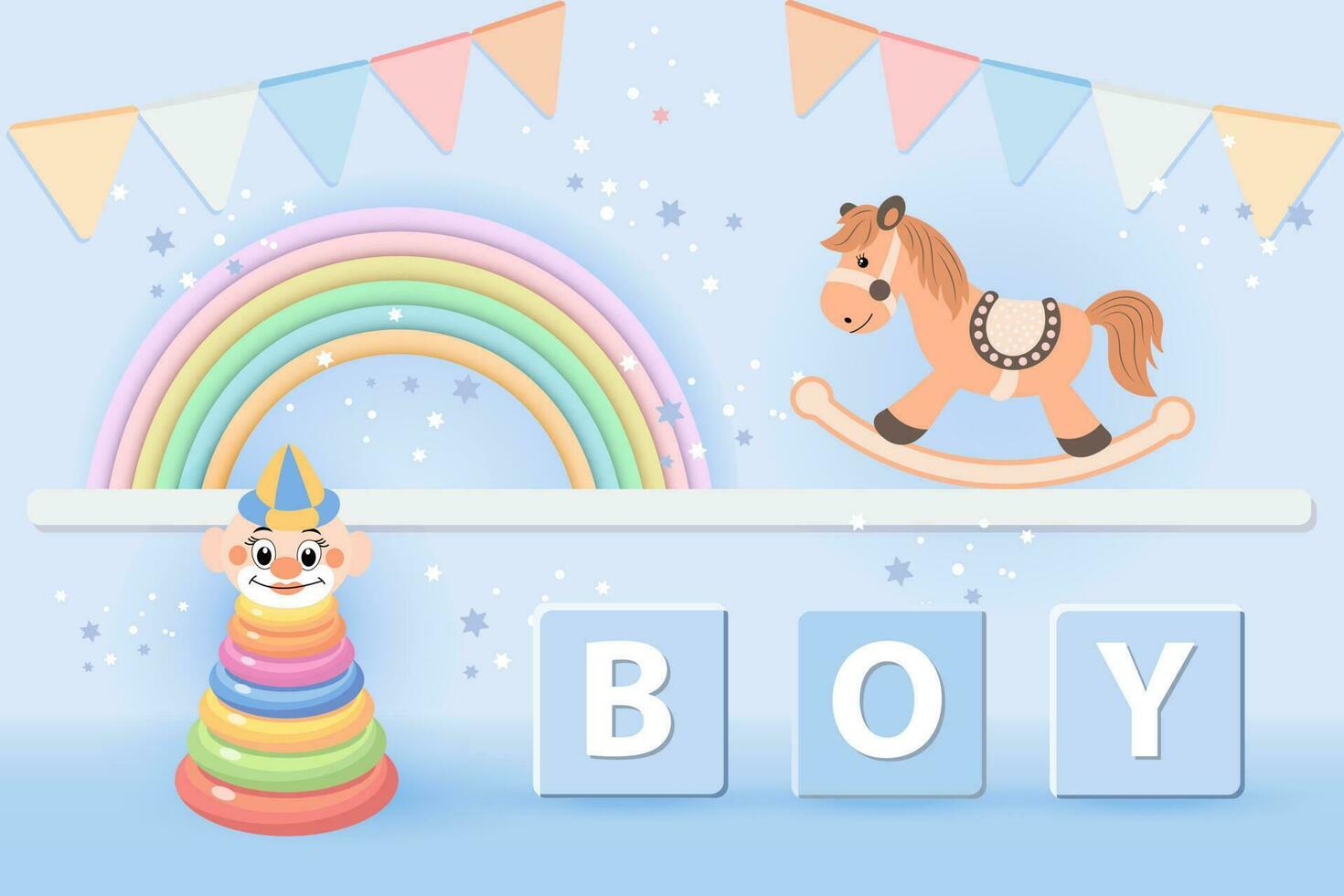 3D baby shower for boys. Children's toys rainbow, pyramid and rocking horse in pastel colors on a starry background. Game room background, modern design, vector