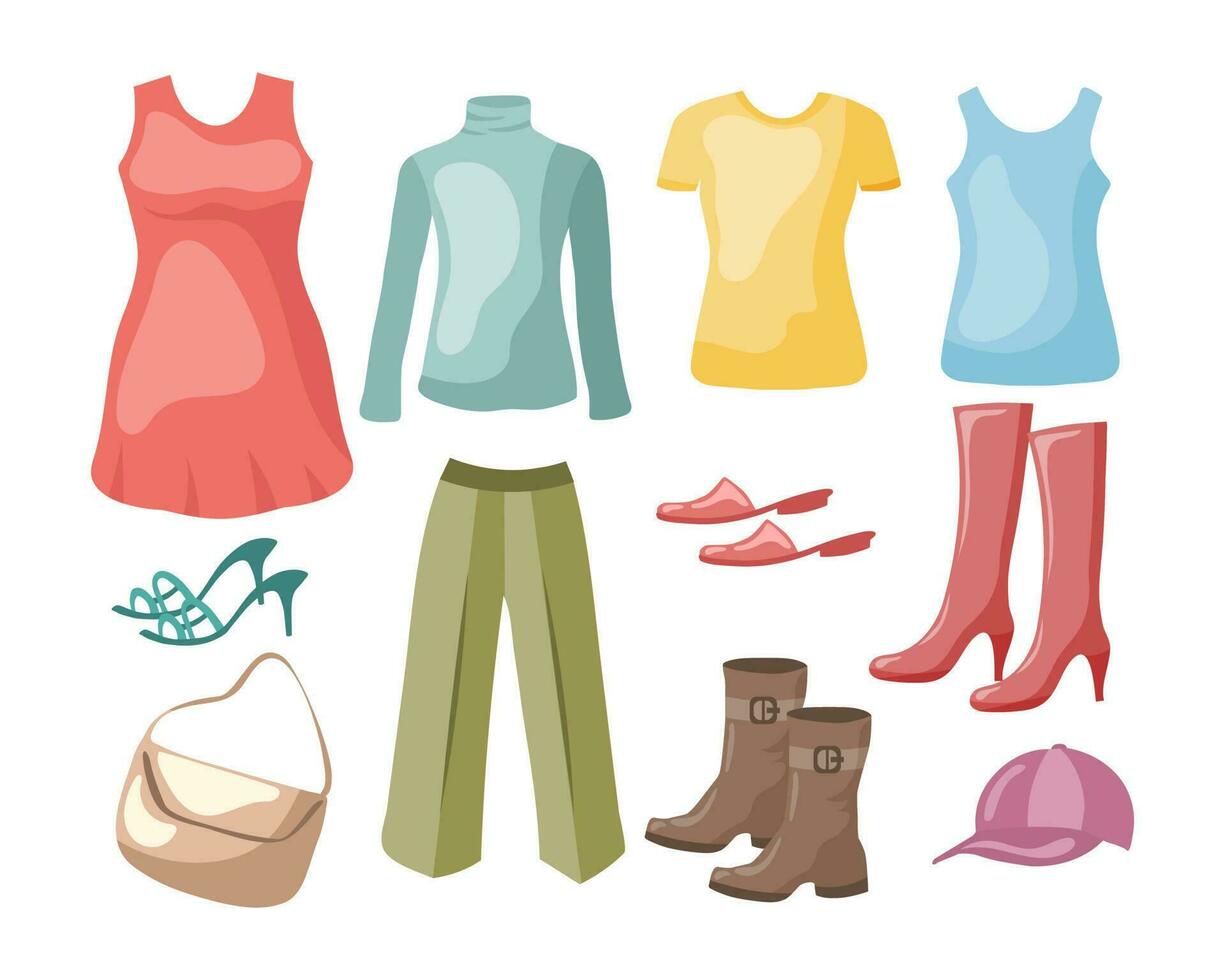Set of various women's clothing and shoes. Illustration, icons, vector. vector