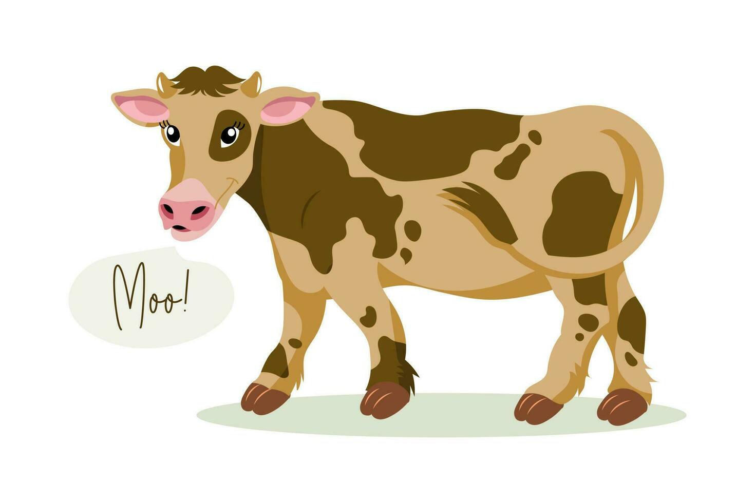 Cute spotted cow with the word moo. Children's illustration in flat style, vector