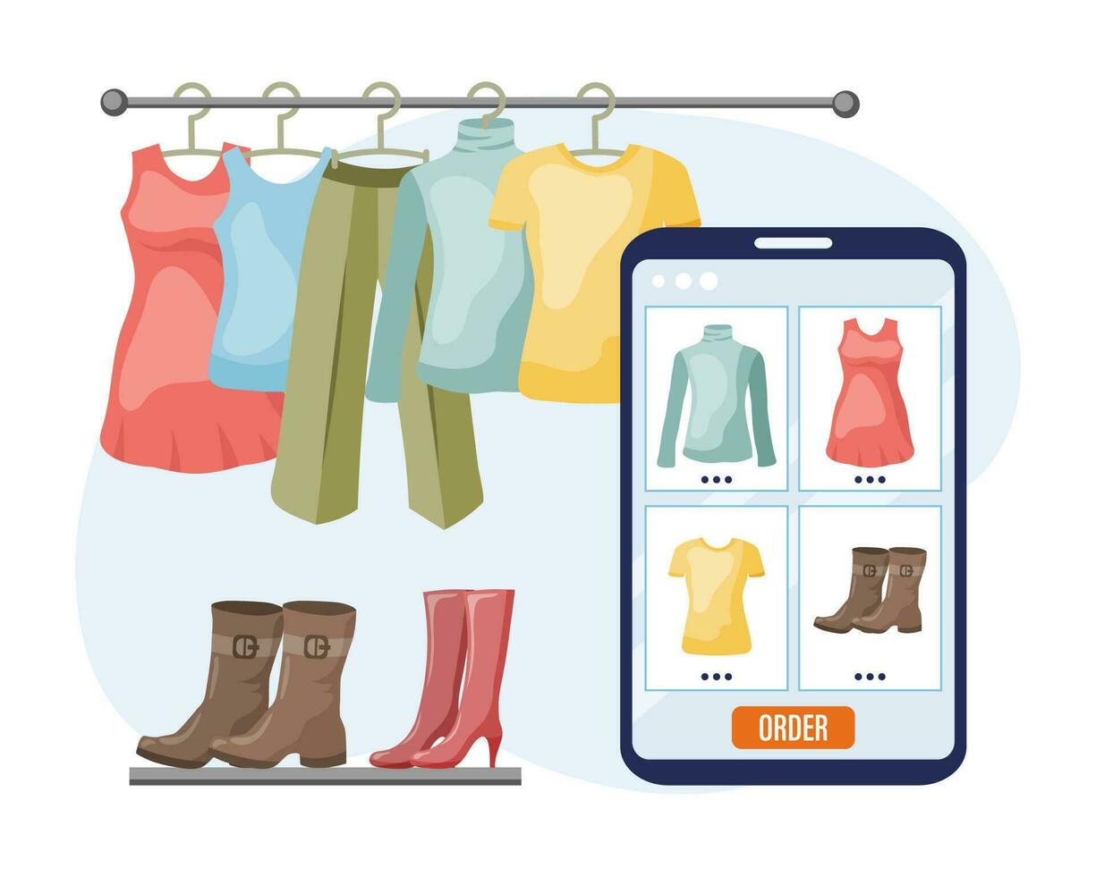 Online shopping concept. Clothes on hangers and a tablet with a screen of a clothing store. Illustration, icon, vector. vector