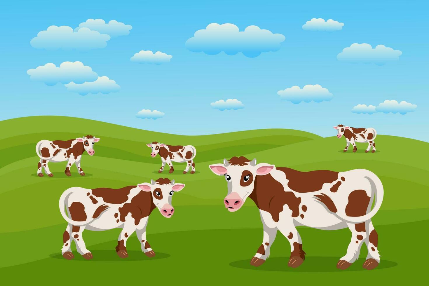 Cute spotted cows in the pasture, summer landscape. A herd of cows is grazing in the meadow. Poster, banner, illustration, vector