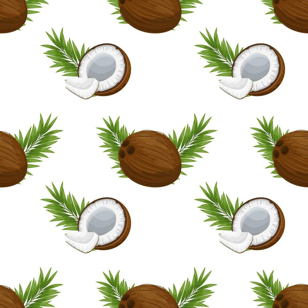 Seamless pattern, coconuts, twigs, coconut halves and pieces on a white background. Tropical background, print, textile, wallpaper, vector