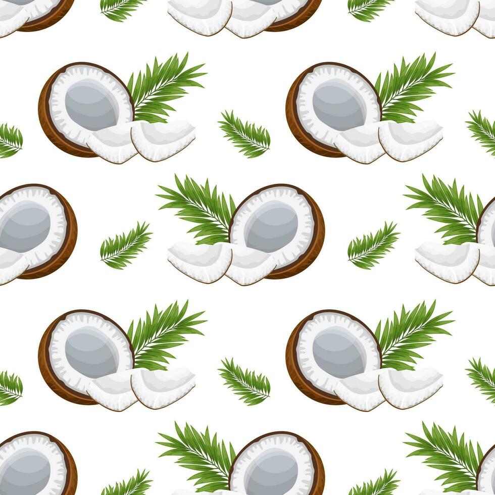 Seamless pattern, coconuts, twigs, coconut halves and pieces on a white background. Tropical background, print, textile, wallpaper, vector