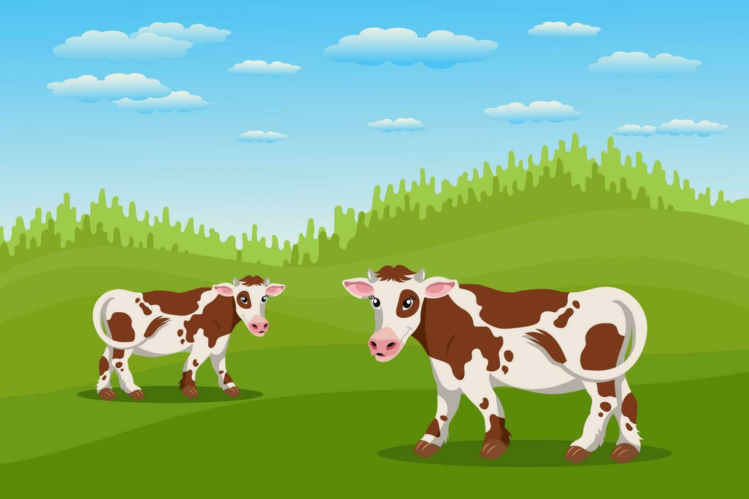 linda manchado vacas en el pastar, verano paisaje. un manada de vacas es pasto en el prado. póster, bandera, ilustración, vector