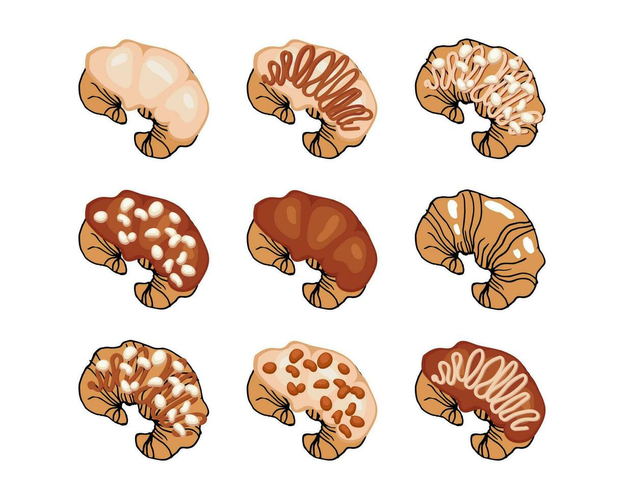 French croissants, set. Different croissants with cream, chocolate and nuts. Food illustration, vector