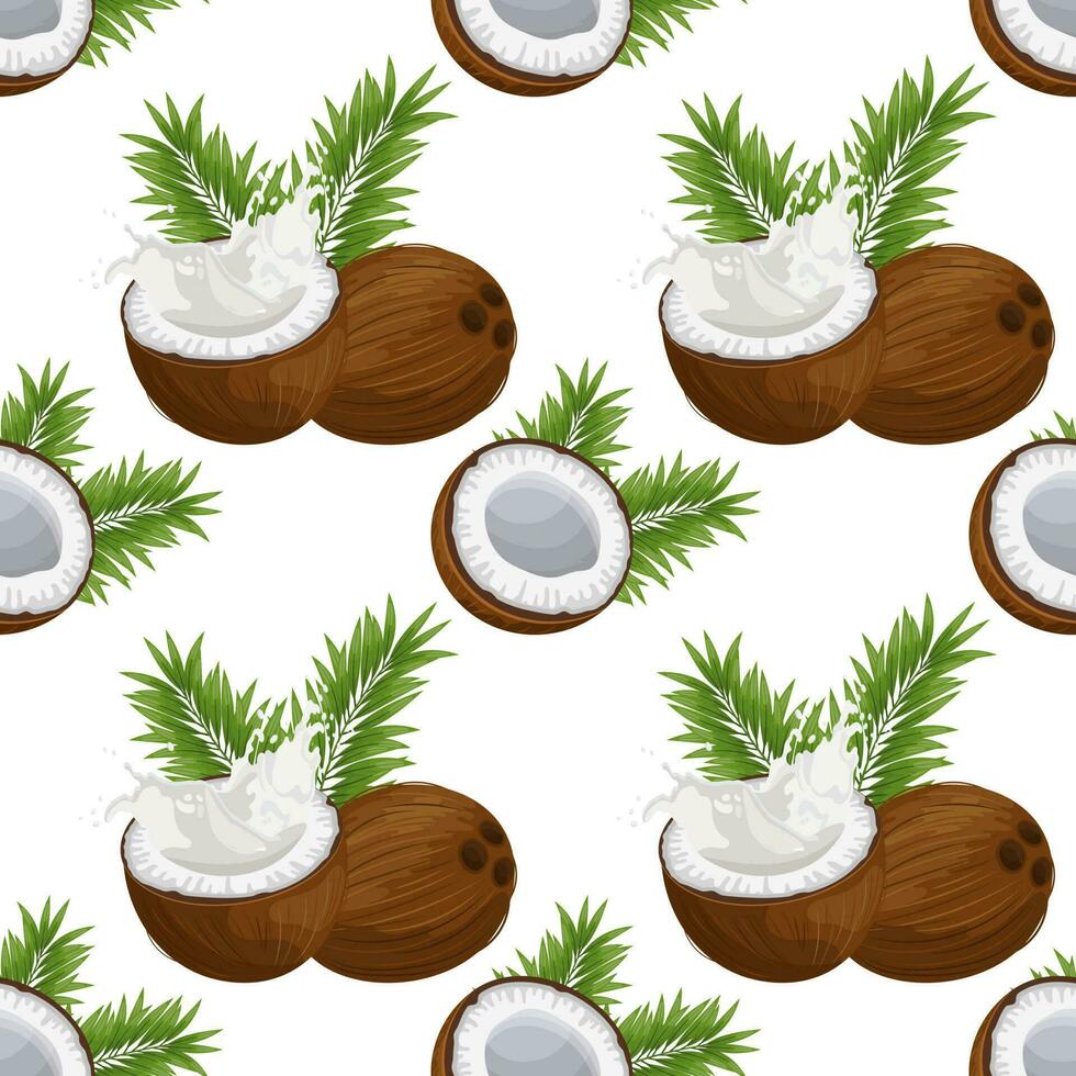 Seamless pattern, coconuts, coconut halves with milk splash and palm leaves. Tropical background, print, textile, wallpaper, vector