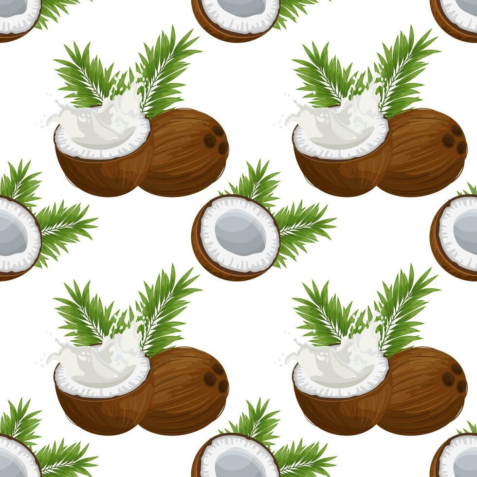 Seamless pattern, coconuts, coconut halves with milk splash and palm leaves. Tropical background, print, textile, wallpaper, vector