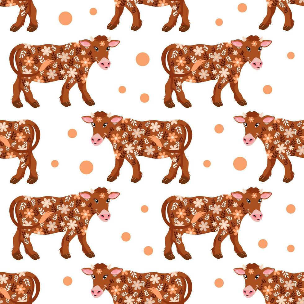 Seamless pattern, cute cows in flowers . Background, Cartoon illustration, vector