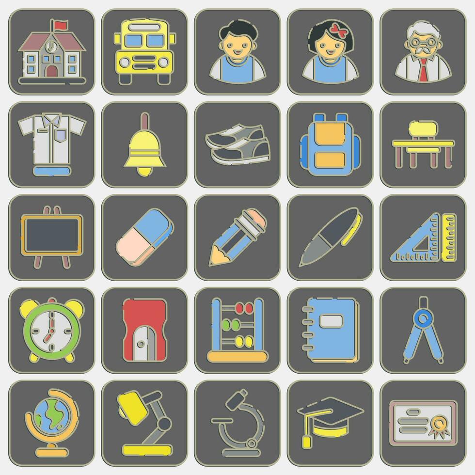 Icon set of school. School and education elements. Icons in embossed style. Good for prints, posters, logo, advertisement, infographics, etc. vector