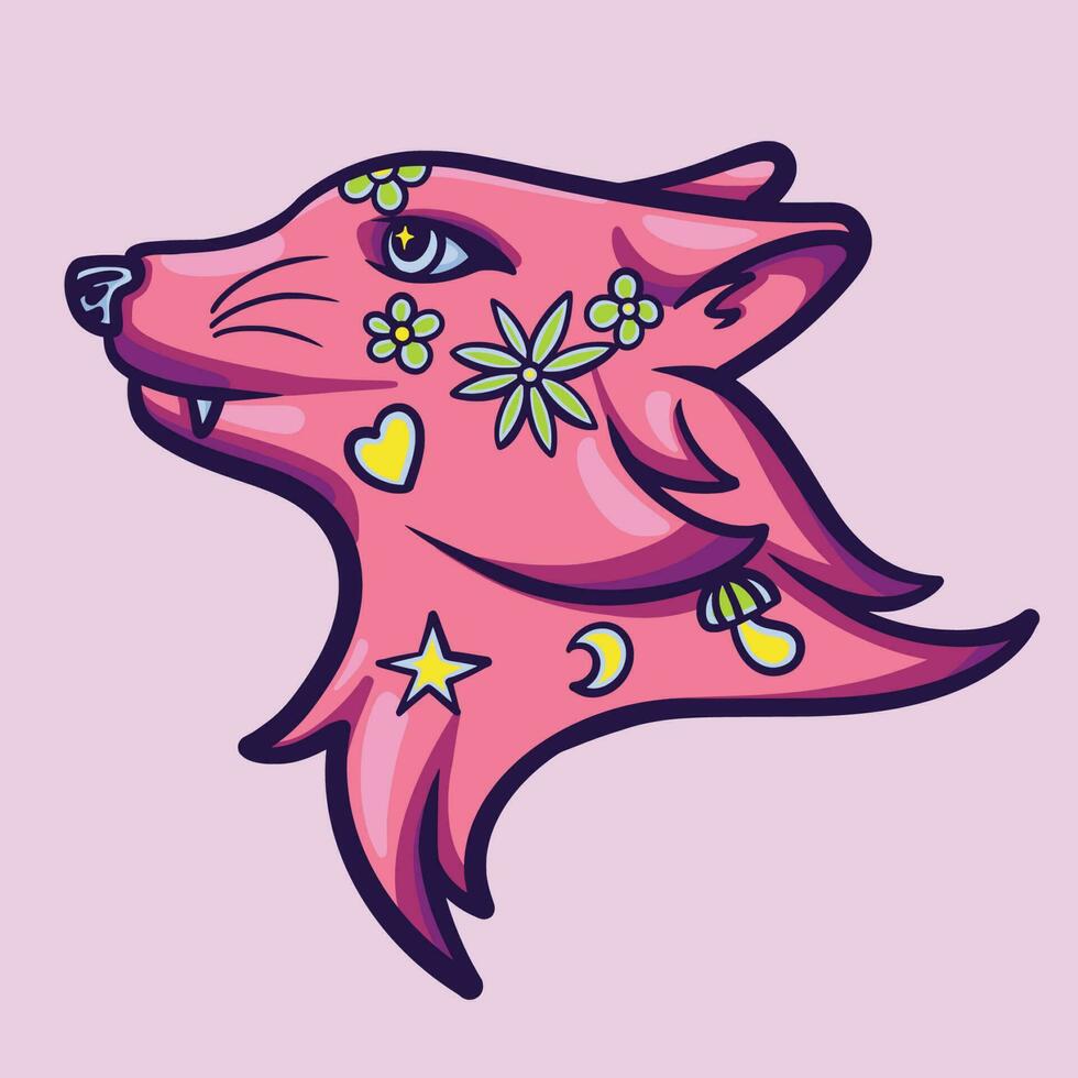 rosado flor lobo tatuaje dibujos animados vector