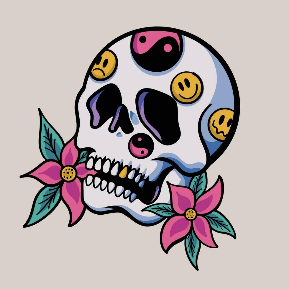 Skull Smile Emoticon Flower Tattoo Cartoon vector