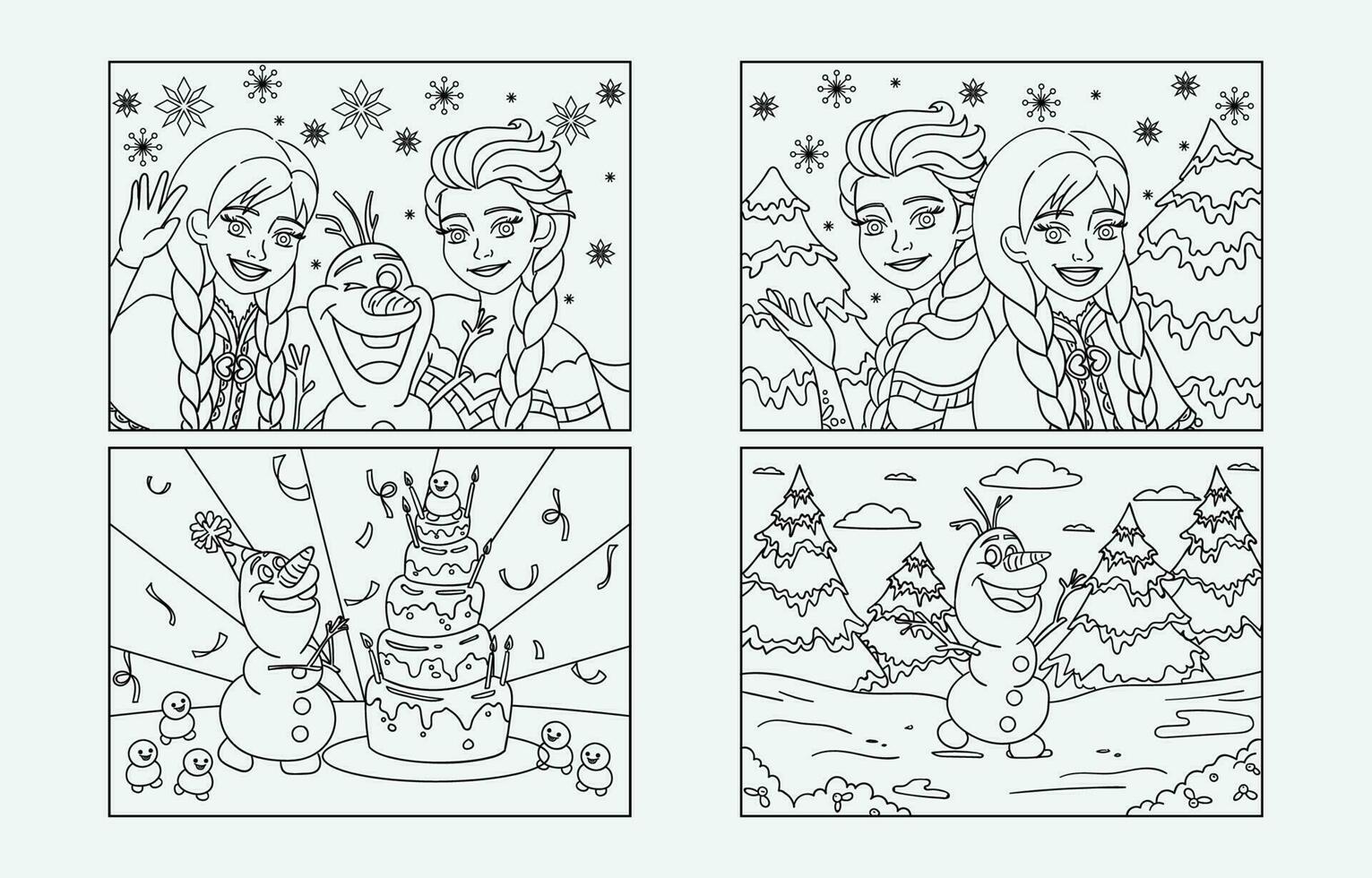 princesas y monigote de nieve colorante hojas modelo vector