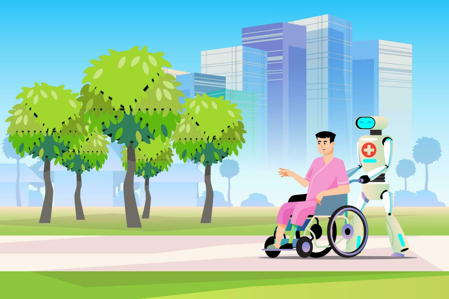 A patient care robot pushes a wheelchair to take the patient for a walk in the park. Assist in moving in the hospital. Technology in caring for patients and the disabled. vector