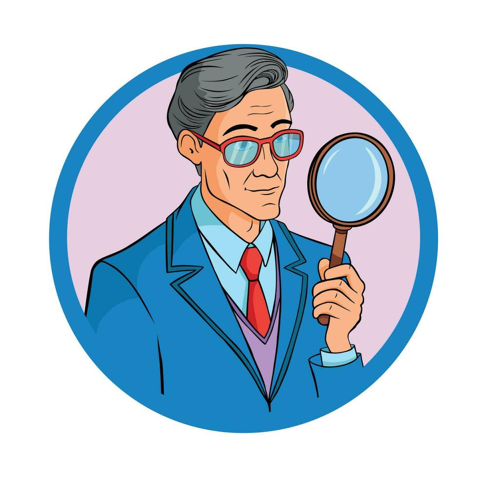 Handsome young man holding magnifying glass in hand. Search, find, discovery, analyze, inspect, investigation concept illustration in cartoon. vector