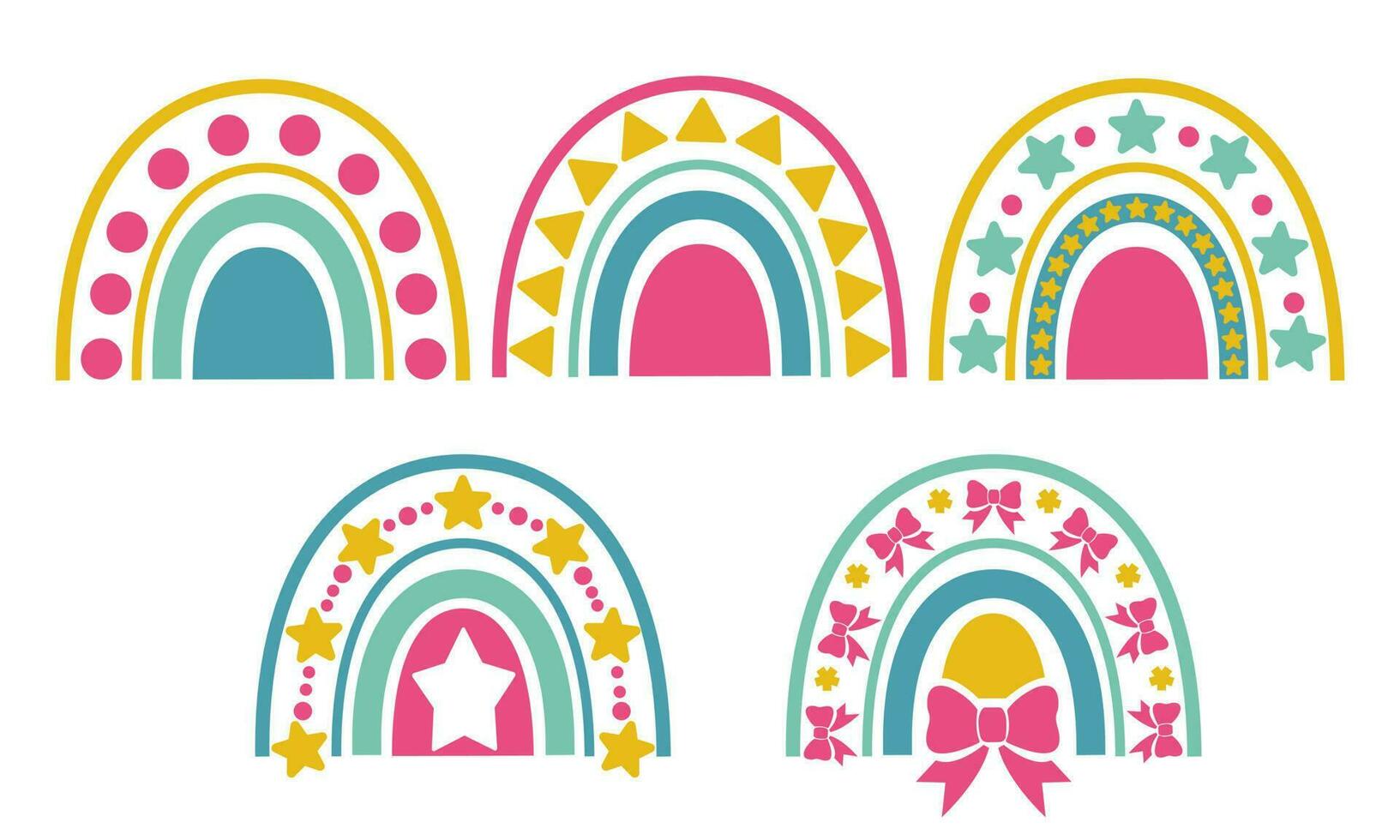 Valentine's Day set of cute boho rainbows with hearts, vector illustration