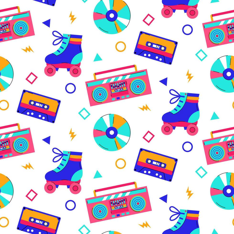 Colorful trendy seamless pattern with 80s-90s elements on white background. vector