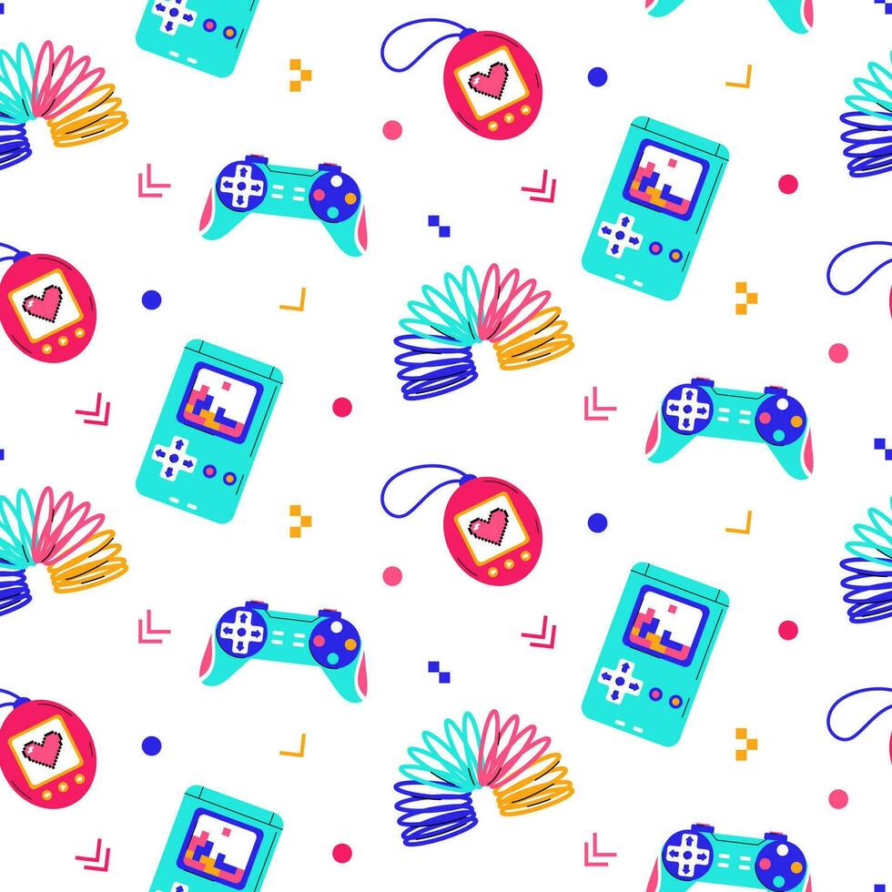 Colorful trendy seamless pattern with 80s-90s elements on white background. vector