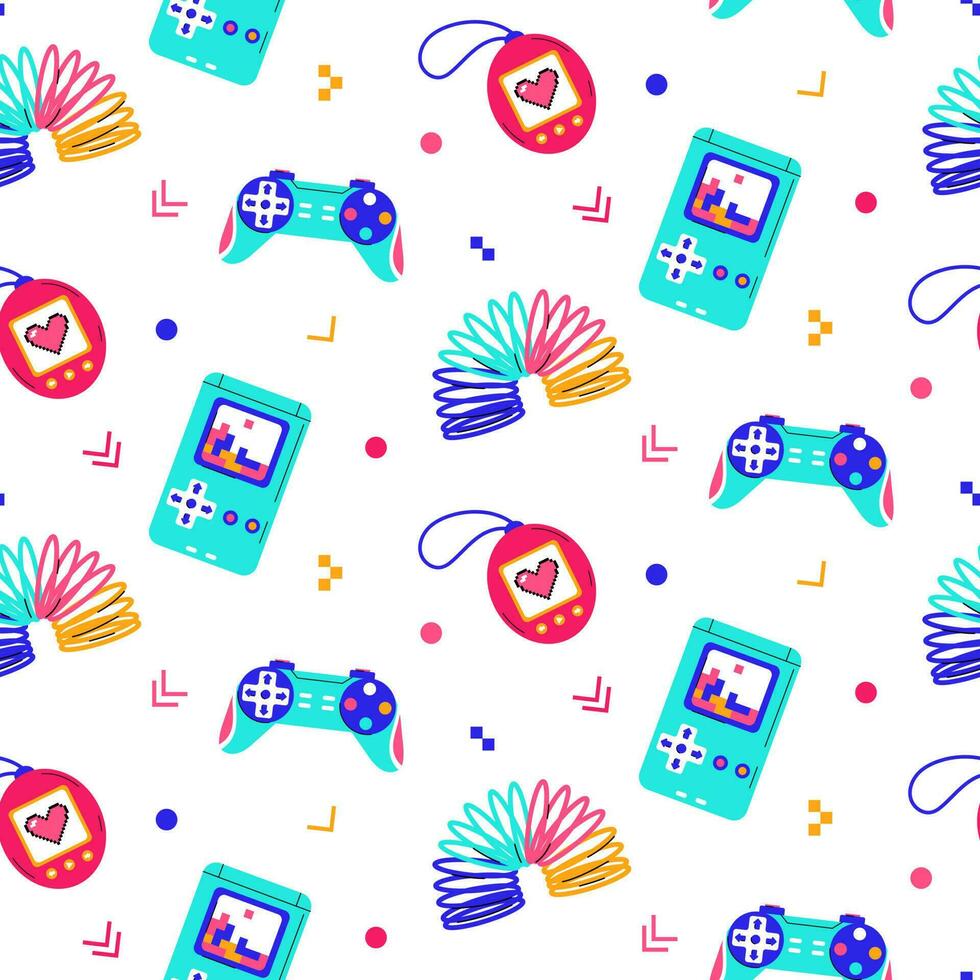 Colorful trendy seamless pattern with 80s-90s elements on white background. vector