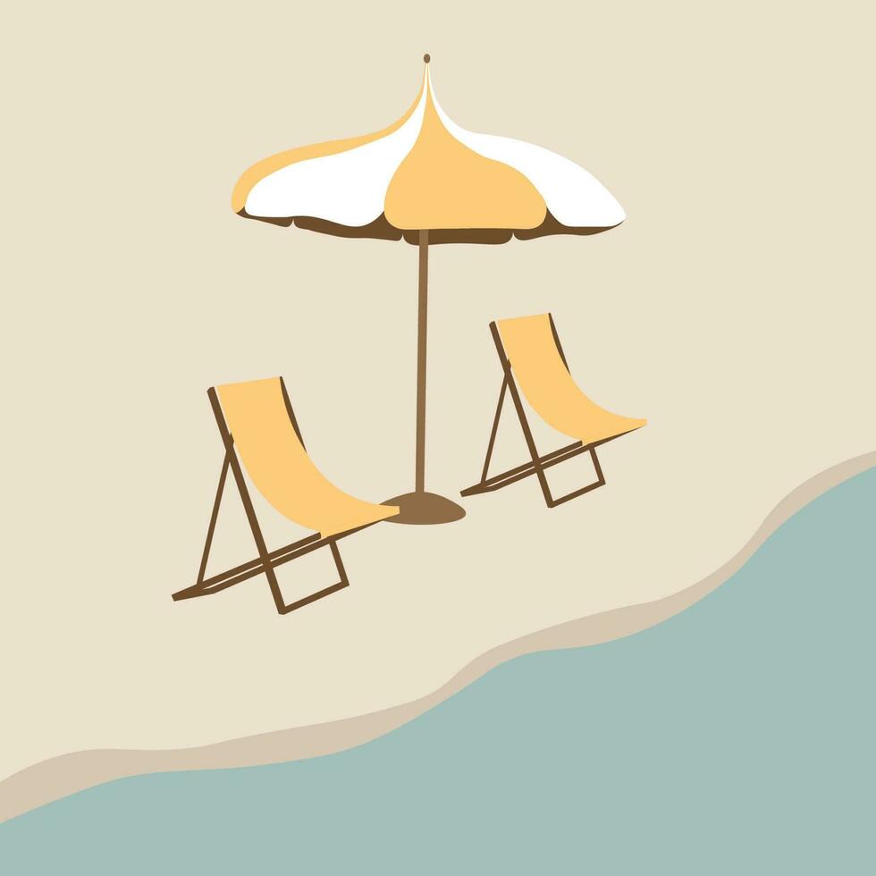 Beach. Illustration of resort sun loungers, umbrellas and coastline with water. Background template without people with sea, ocean, lake. Sunny weather and calm water. Cartoon vector illustration