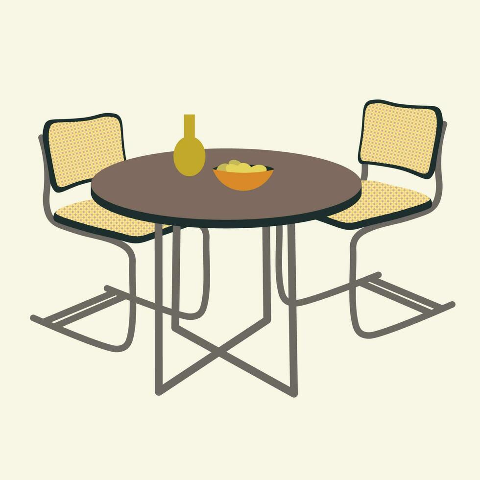 Vintage interior. Table and two rattan modern chairs, dining room. Hand drawn vector isolated illustration. Home decor, retro style apartment, interior composition, coziness concept, lifestyle.