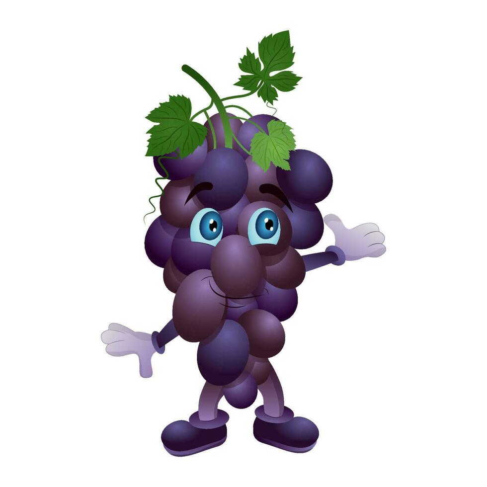 Funny cute character purple table grapes. Vector illustration realistic style