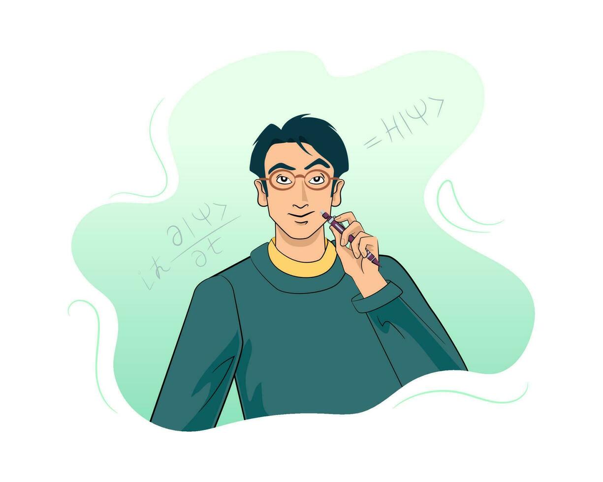 Doubtful Asian student with pencil and equation vector