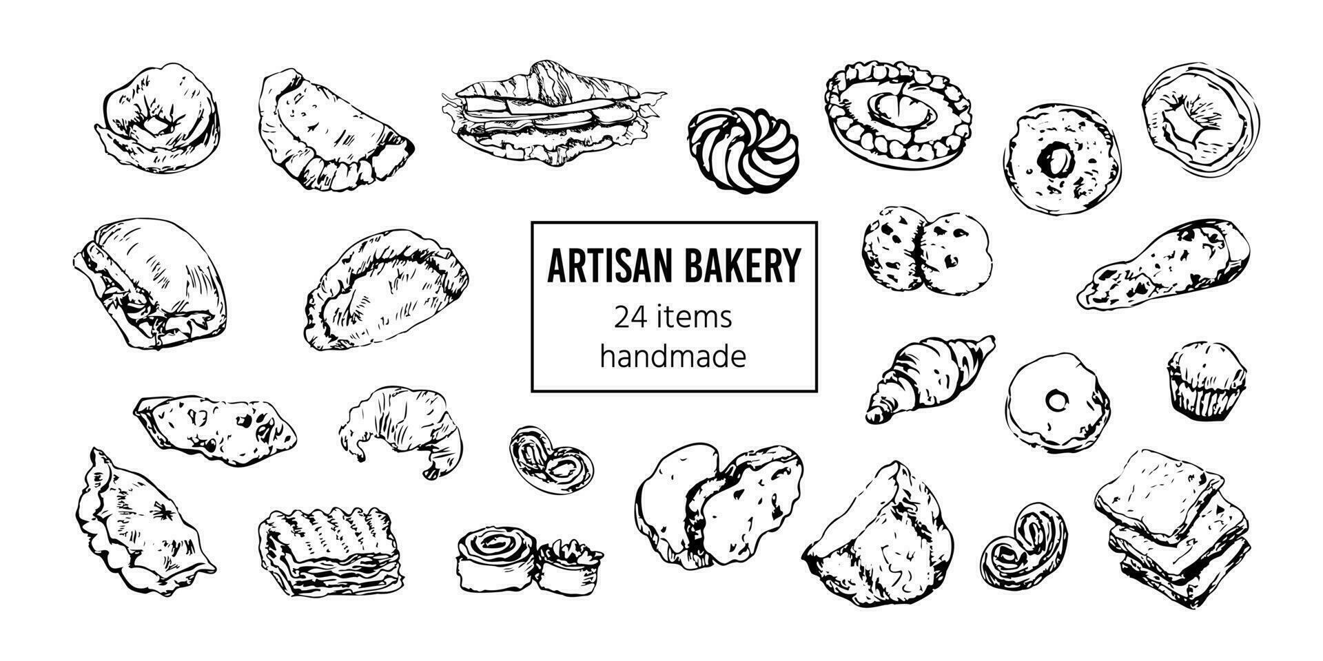 Bread and bakery goods hand drawn set. Vintage patisserie stylized vector sketches