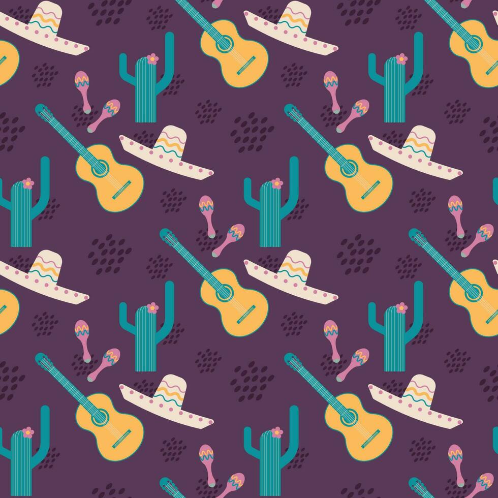 Vector seamless Viva Mexica pattern. Mexican cultural background with sombrero, cactus, guitar and maracas.