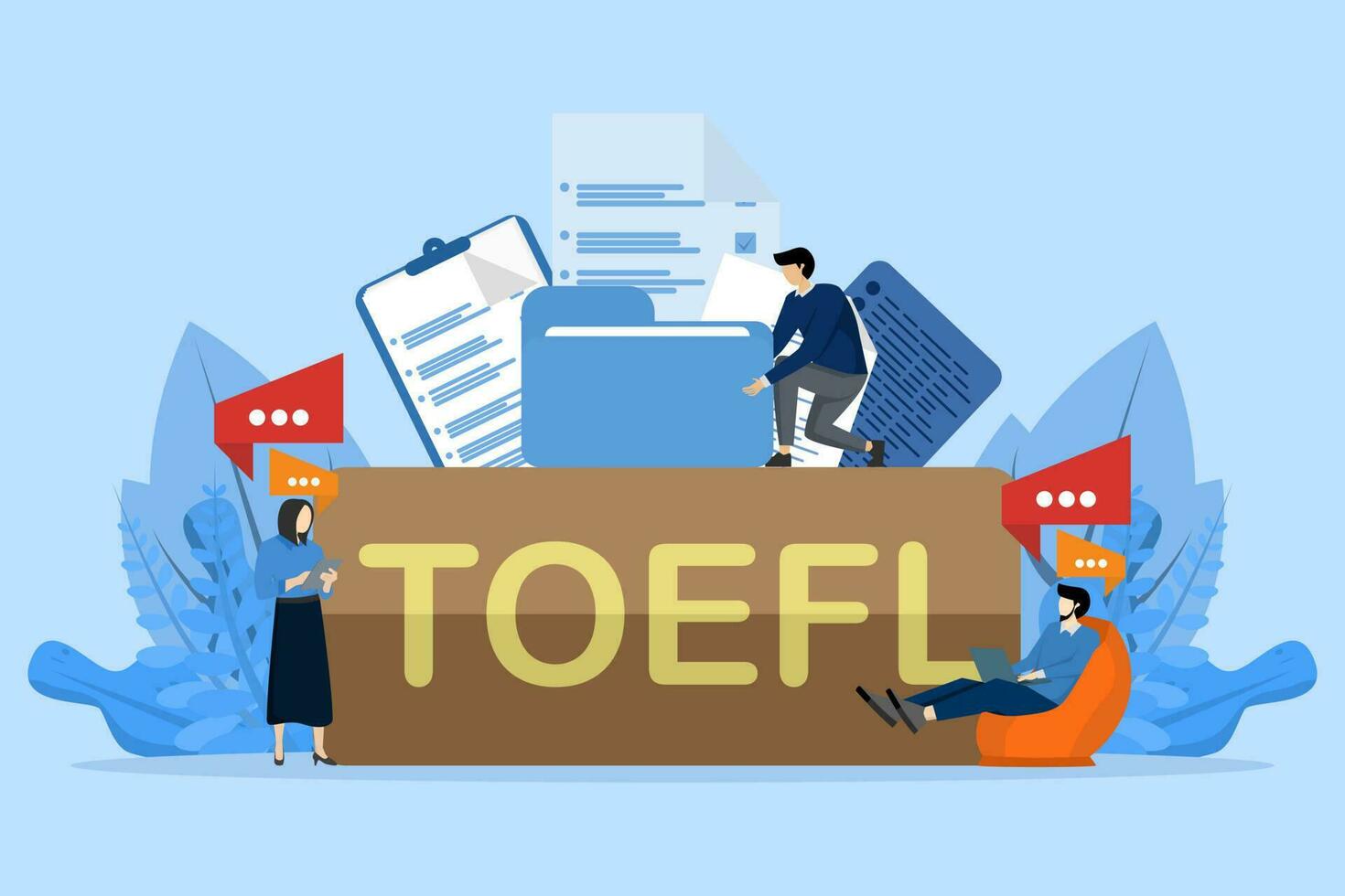 TOEFL word concept. Exam of English as a foreign language. Flat style vector illustration concept with tiny people character