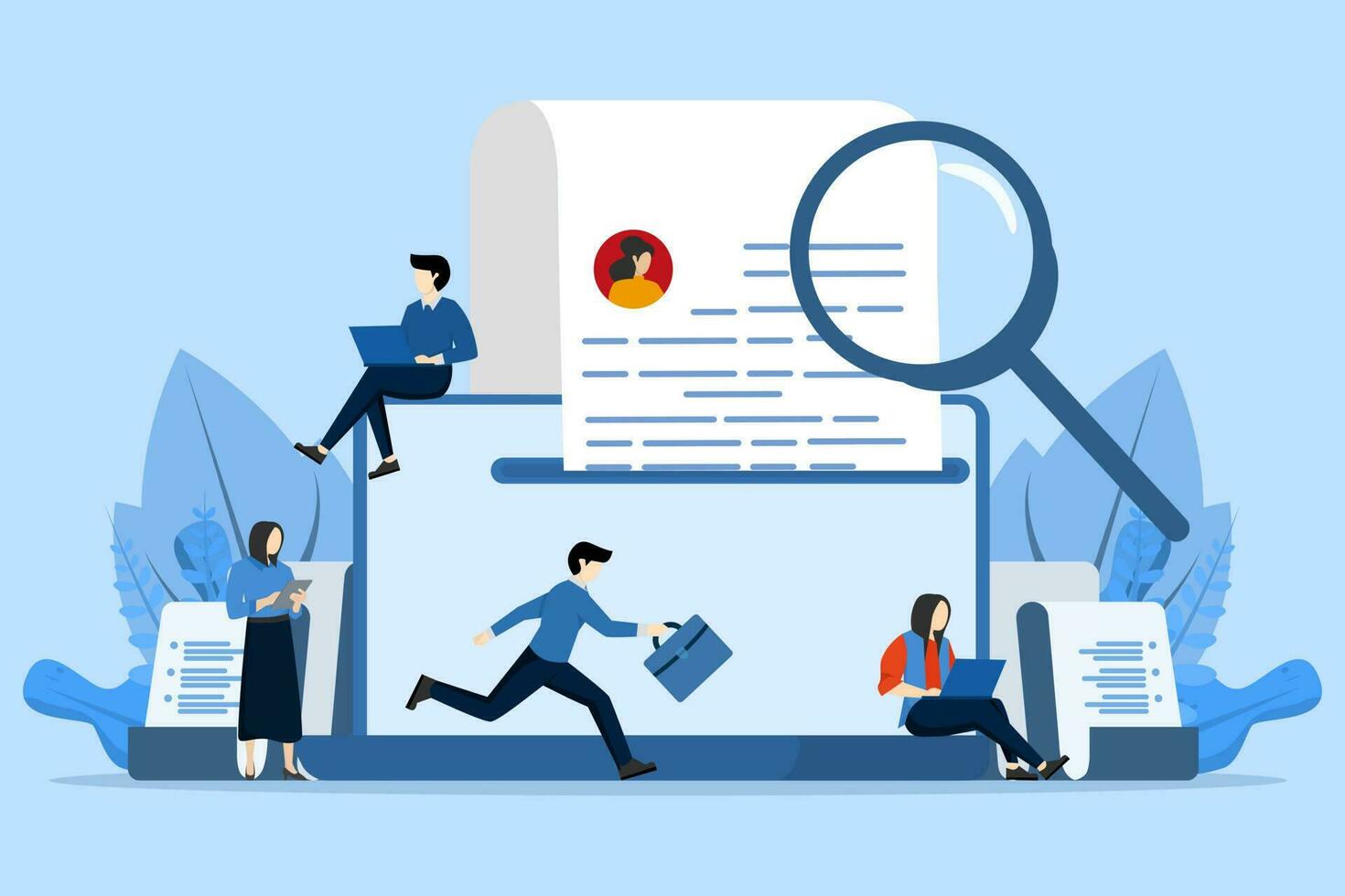 Human Resources concept, filling resume, hiring employees, people filling forms, Recruitment for web page, banner, presentation, social media, document, card, poster. Vector illustration.