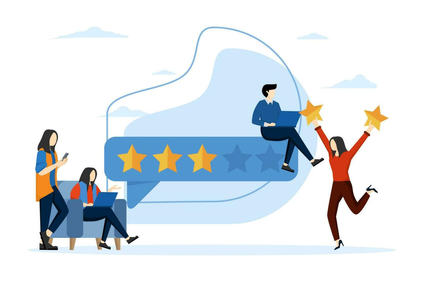 Concept of reputation and quality and rating. Five star rating. The client chooses the level of satisfaction. Customer giving feedback on laptop, man holding review star above his head. vector