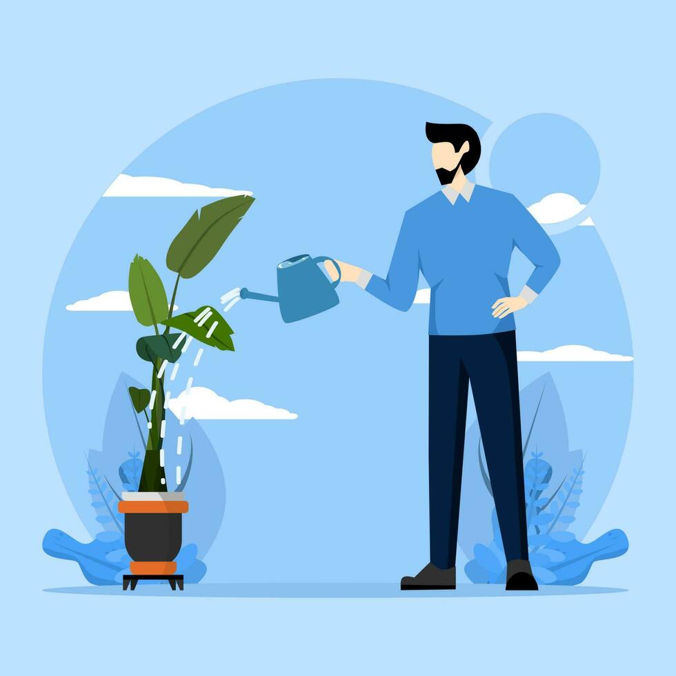 Illustration of gardener tending garden, planting and studying plants in nature, clean ecology, watering can and flowers on blue background. vector