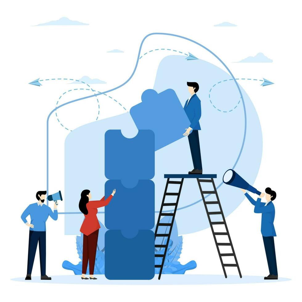 Teamwork symbol, cooperation, partnership vector jigsaw puzzle is a great element of teamwork and idea search. people puzzle connecting elements. Vector illustration flat design style.